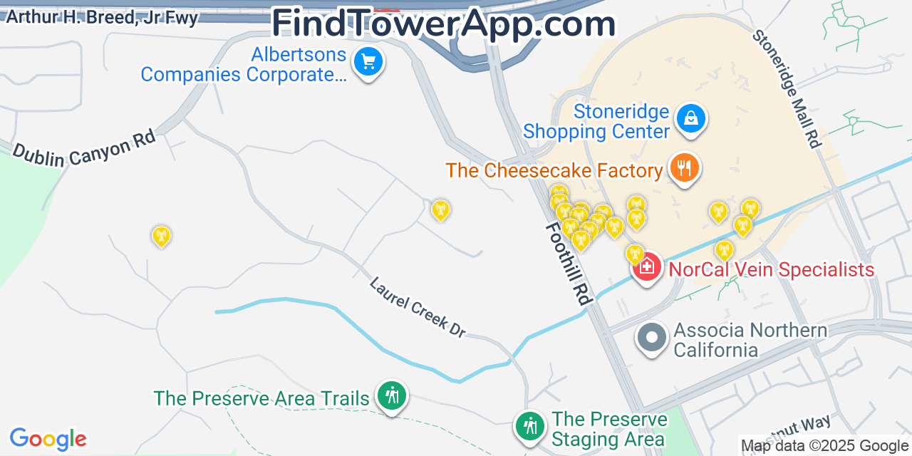 Map showing the 20 primary cell tower locations detected in Dublin, California from AT&T, Verizon, and T-Mobile networks