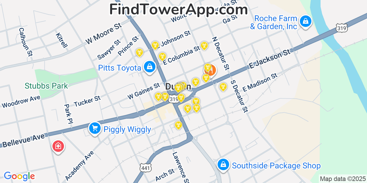 Map showing the 20 primary cell tower locations detected in Dublin, Georgia from AT&T, Verizon, and T-Mobile networks