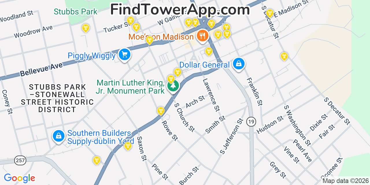 Map showing the 20 primary cell tower locations detected in Dublin, Georgia from AT&T, Verizon, and T-Mobile networks