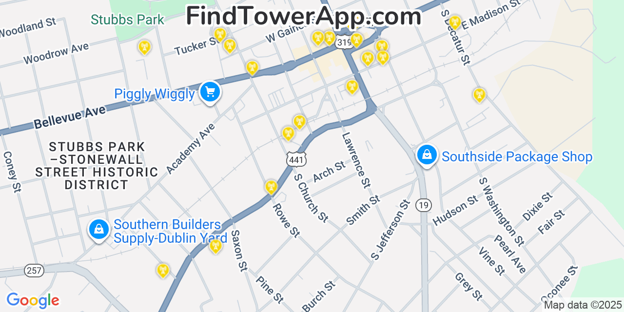 Map showing the 20 primary Mobitel cell tower locations detected in Dublin, Georgia with coverage radius and signal strength indicators