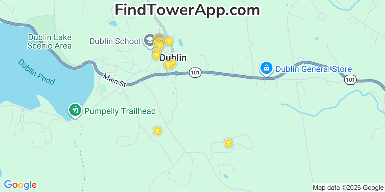 Map showing the 20 primary cell tower locations detected in Dublin, New Hampshire from AT&T, Verizon, and T-Mobile networks