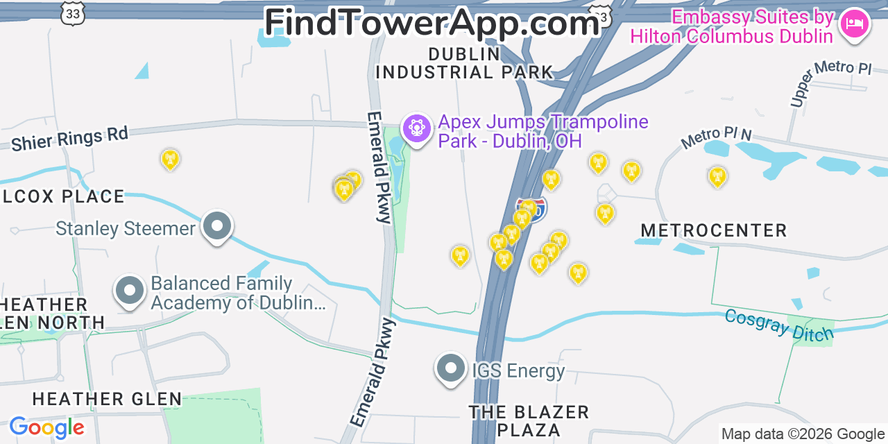 Map showing the 20 primary cell tower locations detected in Dublin, Ohio from AT&T, Verizon, and T-Mobile networks
