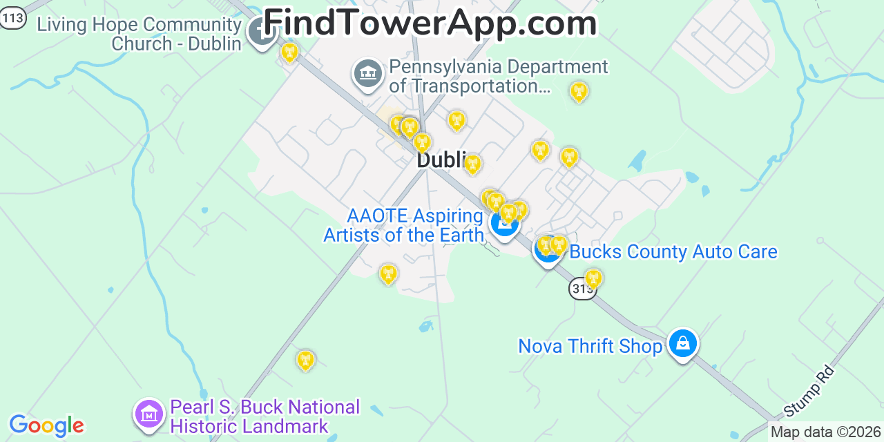 Map showing the 20 primary cell tower locations detected in Dublin, Pennsylvania from AT&T, Verizon, and T-Mobile networks