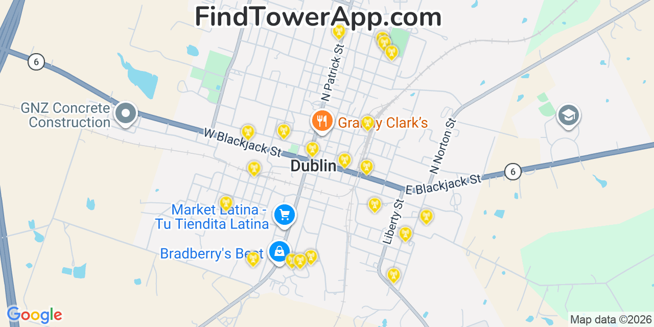 Map showing the 20 primary cell tower locations detected in Dublin, Texas from AT&T, Verizon, and T-Mobile networks