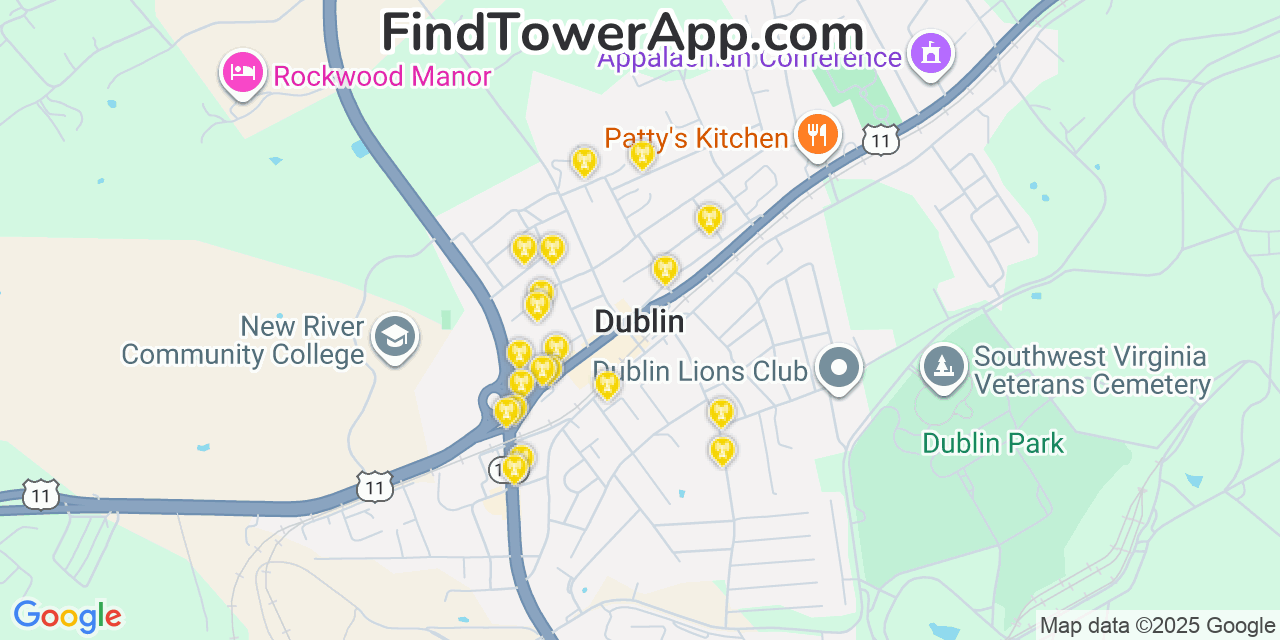 Map showing the 20 primary cell tower locations detected in Dublin, Virginia from AT&T, Verizon, and T-Mobile networks