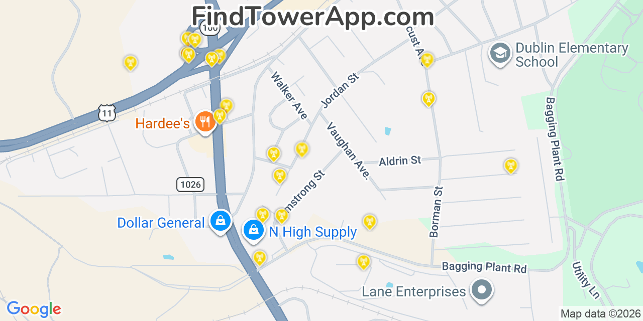 Map showing the 20 primary cell tower locations detected in Dublin, Virginia from AT&T, Verizon, and T-Mobile networks
