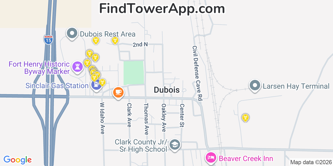 Map showing the 20 primary cell tower locations detected in Dubois, Idaho from AT&T, Verizon, and T-Mobile networks