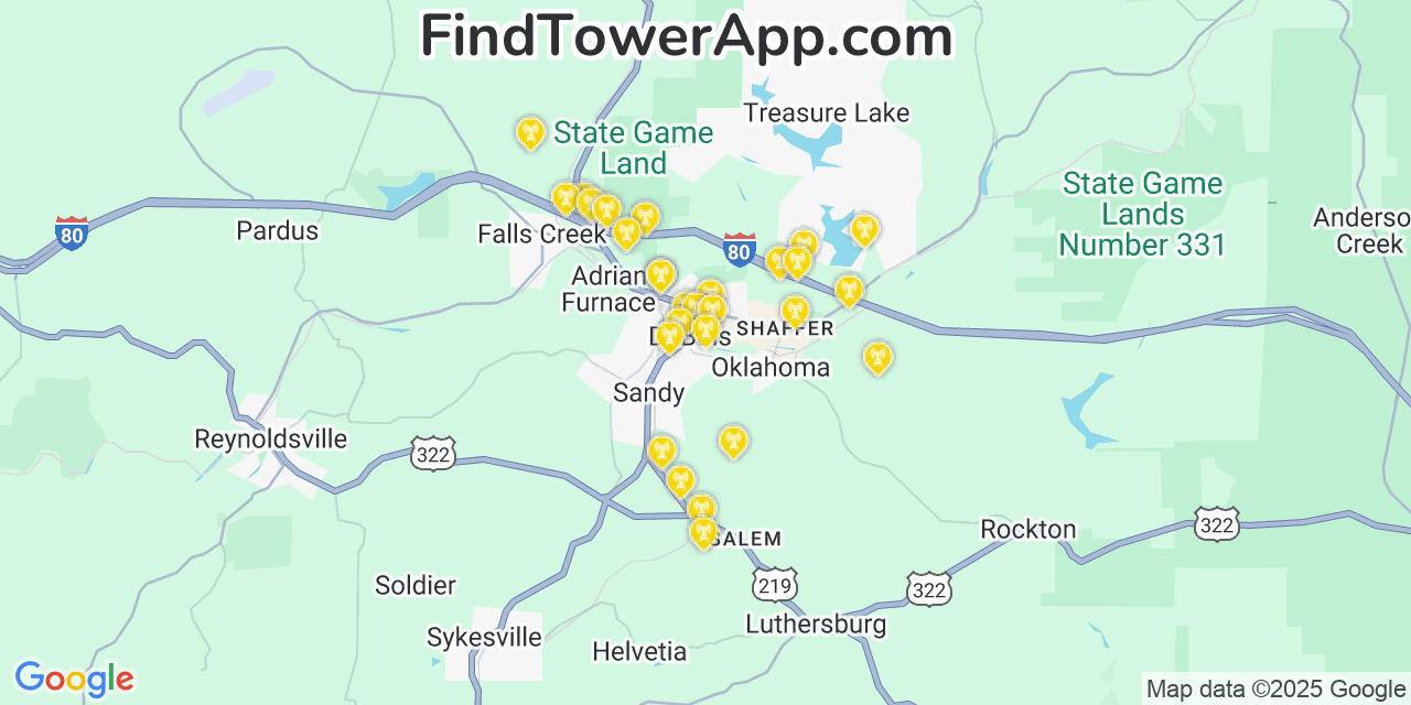 Map showing the 27 primary AT&T cell tower locations detected in Dubois, Pennsylvania with coverage radius and signal strength indicators