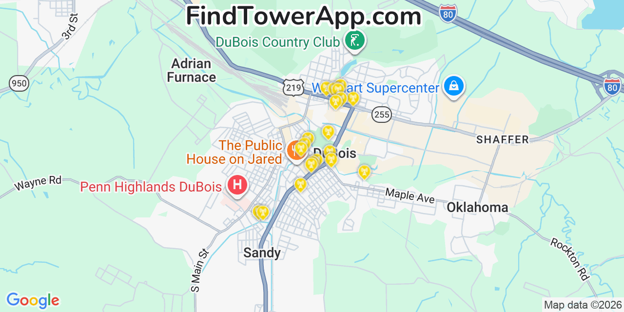 Map showing the 20 primary cell tower locations detected in Dubois, Pennsylvania from AT&T, Verizon, and T-Mobile networks