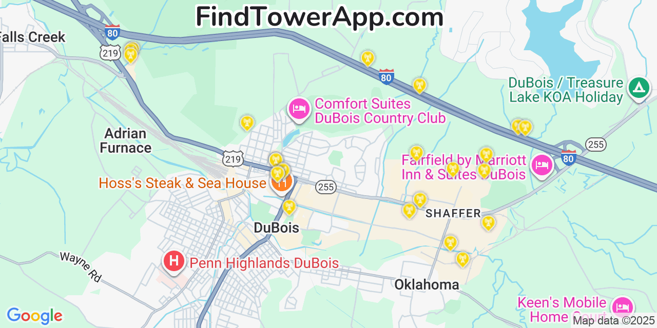 Map showing the 24 primary T-Mobile cell tower locations detected in Dubois, Pennsylvania with coverage radius and signal strength indicators
