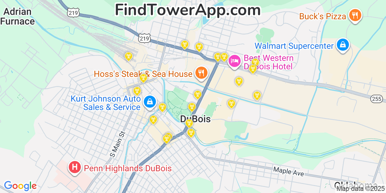 Map showing the 39 primary Verizon cell tower locations detected in Dubois, Pennsylvania with coverage radius and signal strength indicators