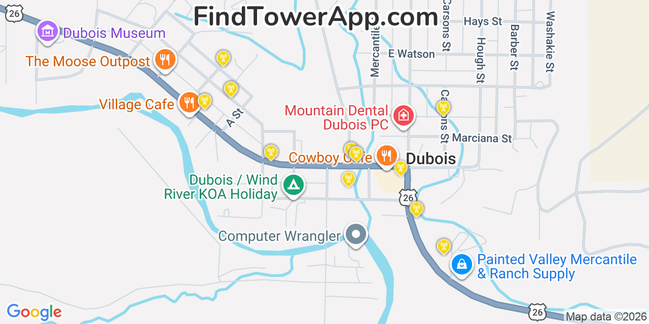 Map showing the 20 primary cell tower locations detected in Dubois, Wyoming from AT&T, Verizon, and T-Mobile networks