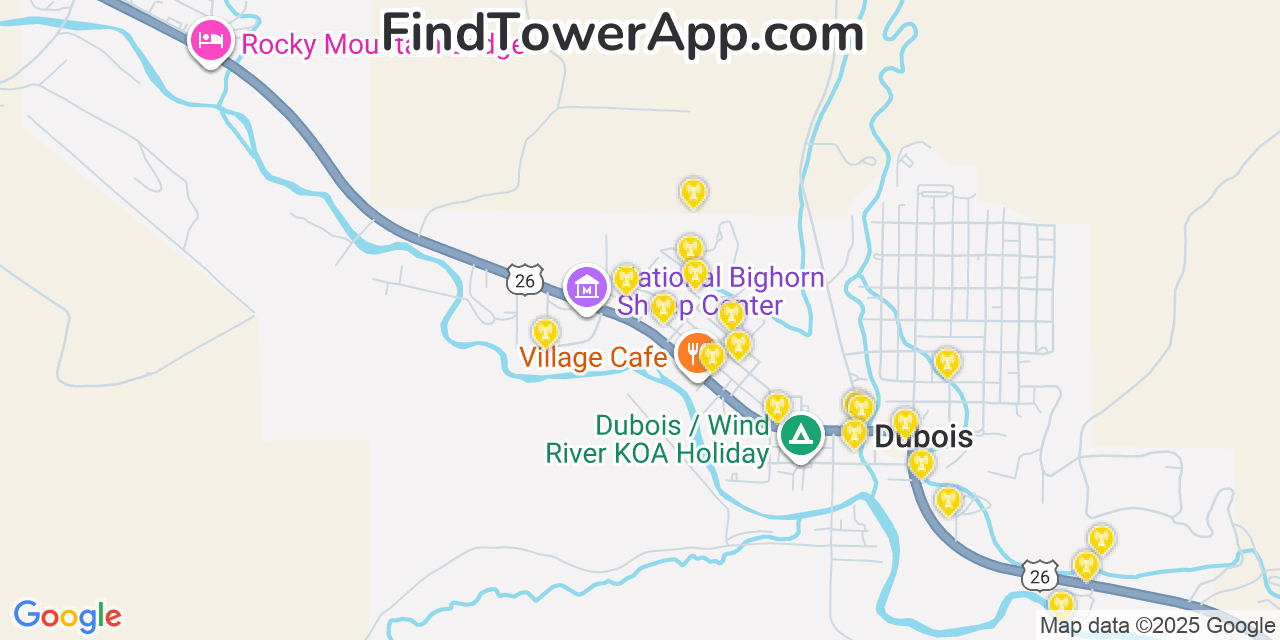 Map showing the 20 primary Verizon cell tower locations detected in Dubois, Wyoming with coverage radius and signal strength indicators
