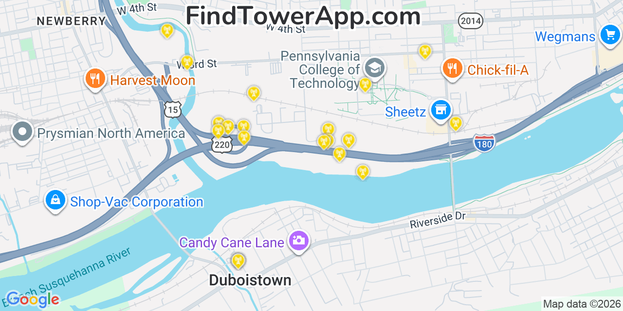 Map showing the 20 primary cell tower locations detected in Duboistown, Pennsylvania from AT&T, Verizon, and T-Mobile networks