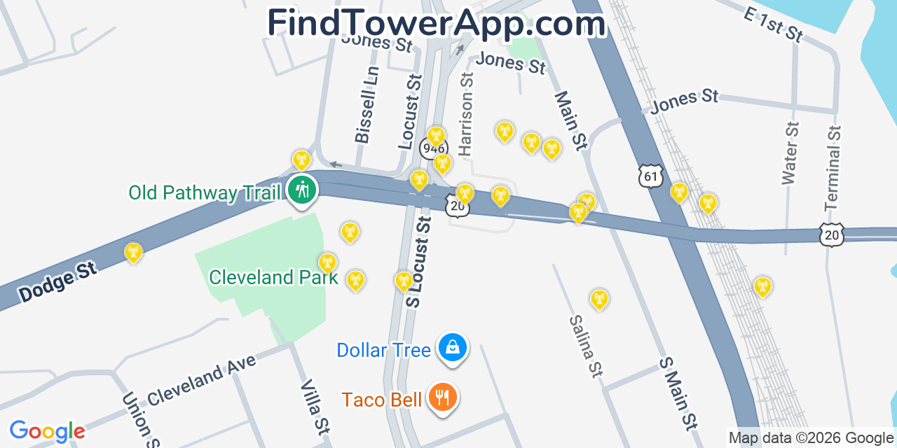Map showing the 20 primary cell tower locations detected in Dubuque, Iowa from AT&T, Verizon, and T-Mobile networks