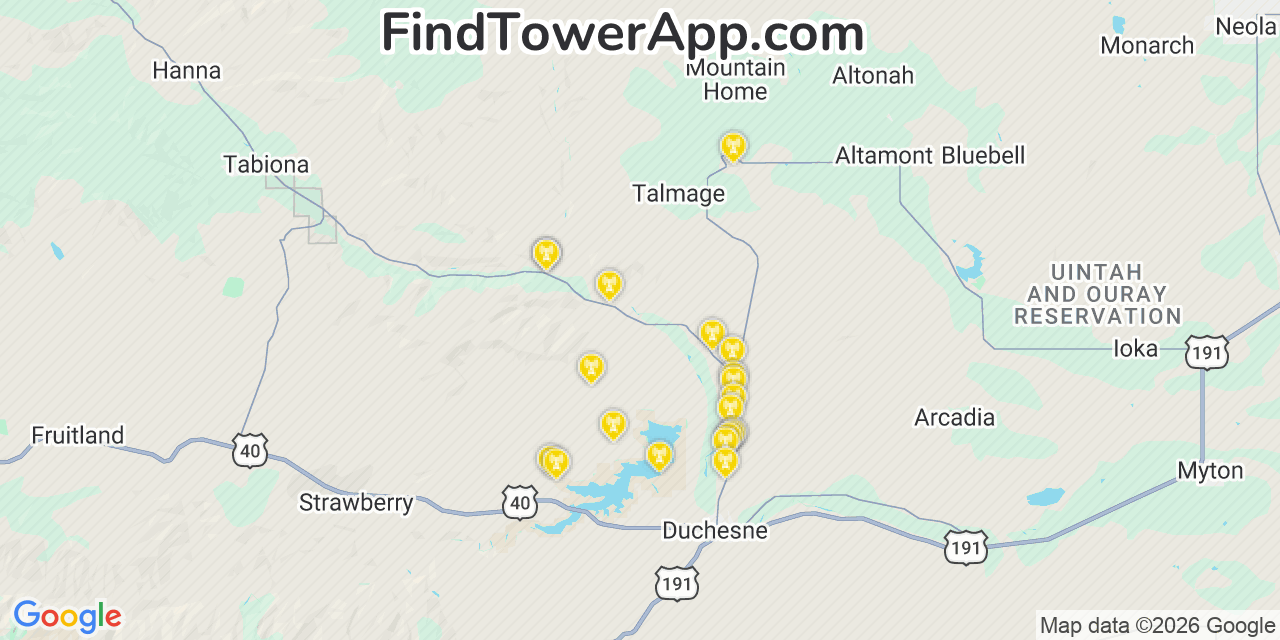 Map showing the 20 primary cell tower locations detected in Duchesne, Utah from AT&T, Verizon, and T-Mobile networks