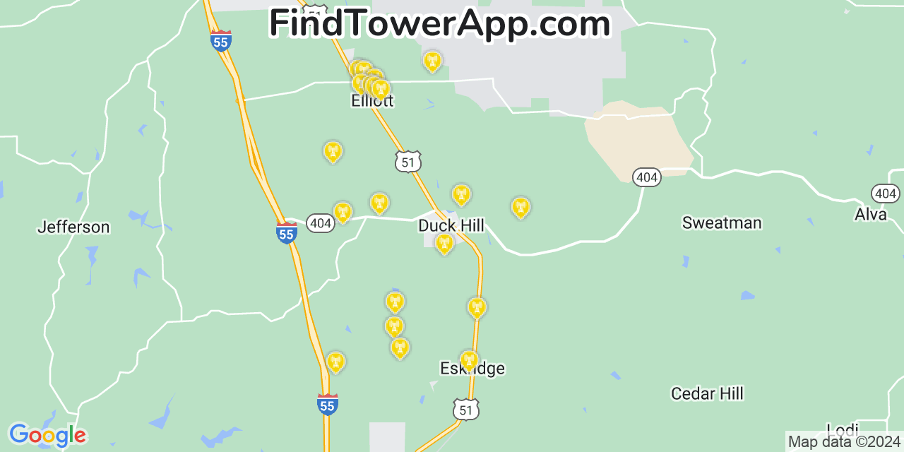 AT&T 4G/5G cell tower coverage map Duck Hill, Mississippi