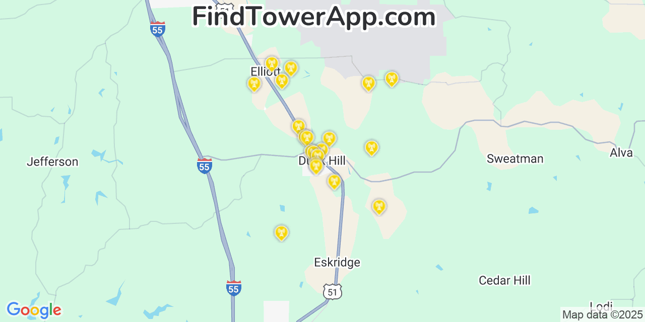 Map showing the 20 primary cell tower locations detected in Duck Hill, Mississippi from AT&T, Verizon, and T-Mobile networks