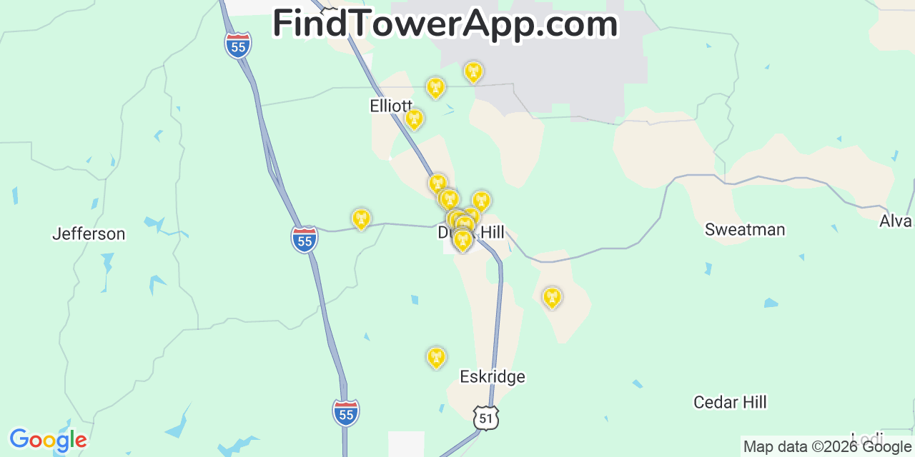 Map showing the 20 primary cell tower locations detected in Duck Hill, Mississippi from AT&T, Verizon, and T-Mobile networks