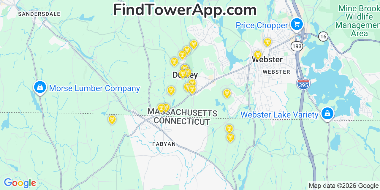 Map showing the 20 primary cell tower locations detected in Dudley, Massachusetts from AT&T, Verizon, and T-Mobile networks