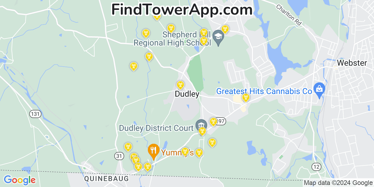 Verizon 4G/5G cell tower coverage map Dudley, Massachusetts