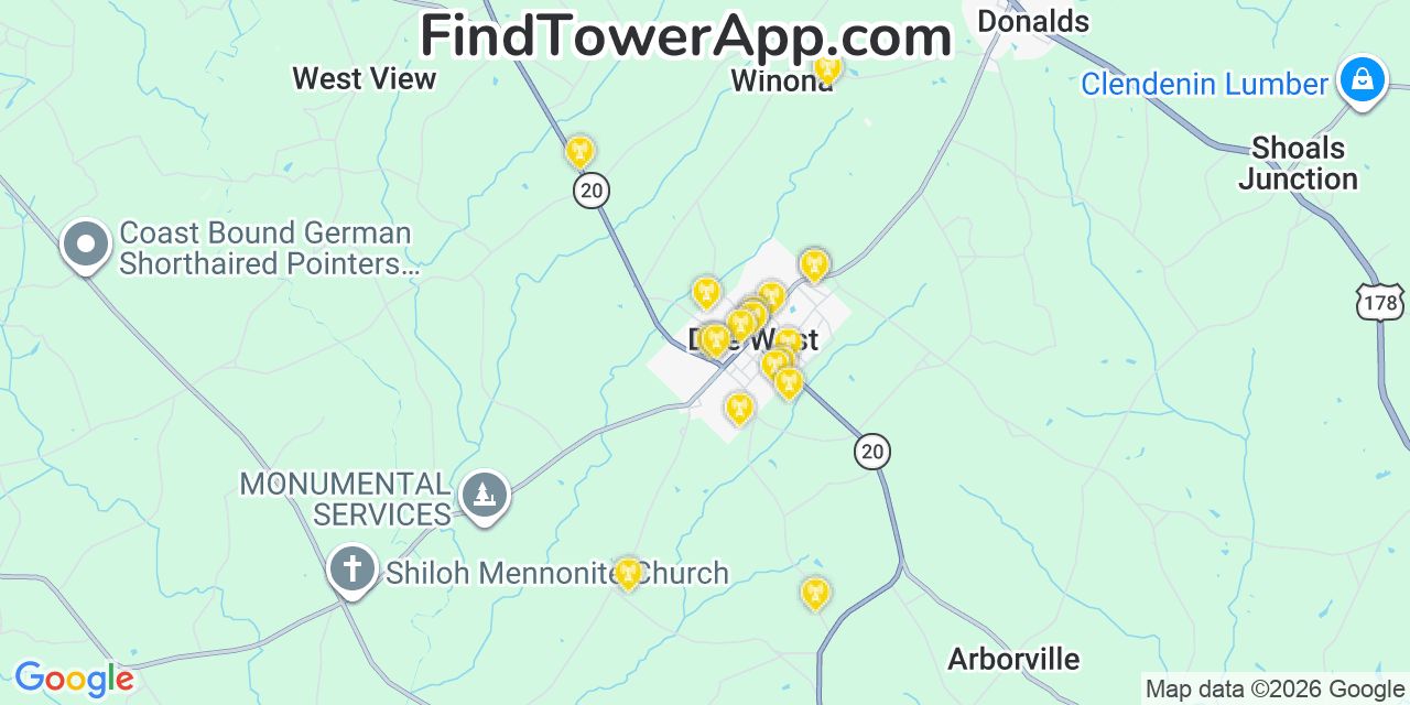Map showing the 20 primary cell tower locations detected in Due West, South Carolina from AT&T, Verizon, and T-Mobile networks