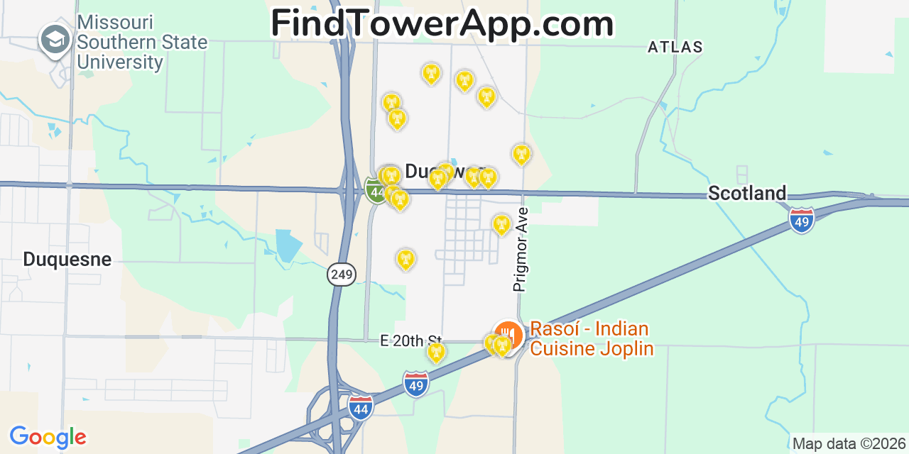 Map showing the 20 primary cell tower locations detected in Duenweg, Missouri from AT&T, Verizon, and T-Mobile networks