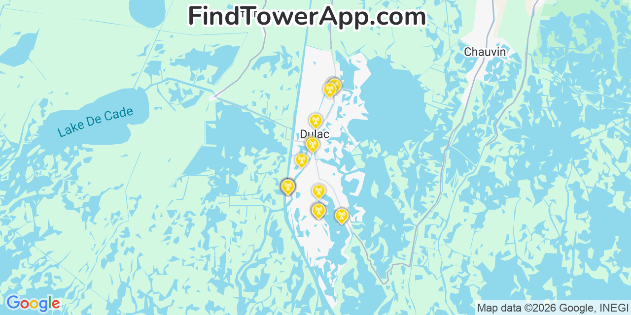 Map showing the 20 primary cell tower locations detected in Dulac, Louisiana from AT&T, Verizon, and T-Mobile networks