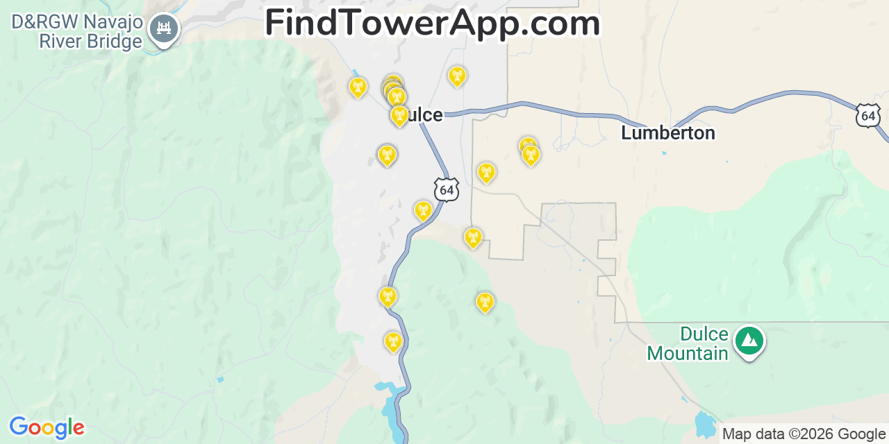 Map showing the 20 primary cell tower locations detected in Dulce, New Mexico from AT&T, Verizon, and T-Mobile networks
