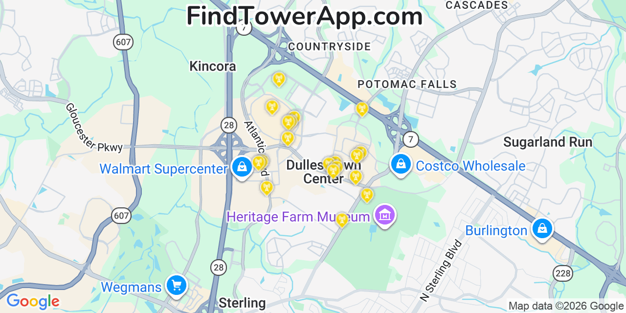 Map showing the 20 primary cell tower locations detected in Dulles Town Center, Virginia from AT&T, Verizon, and T-Mobile networks