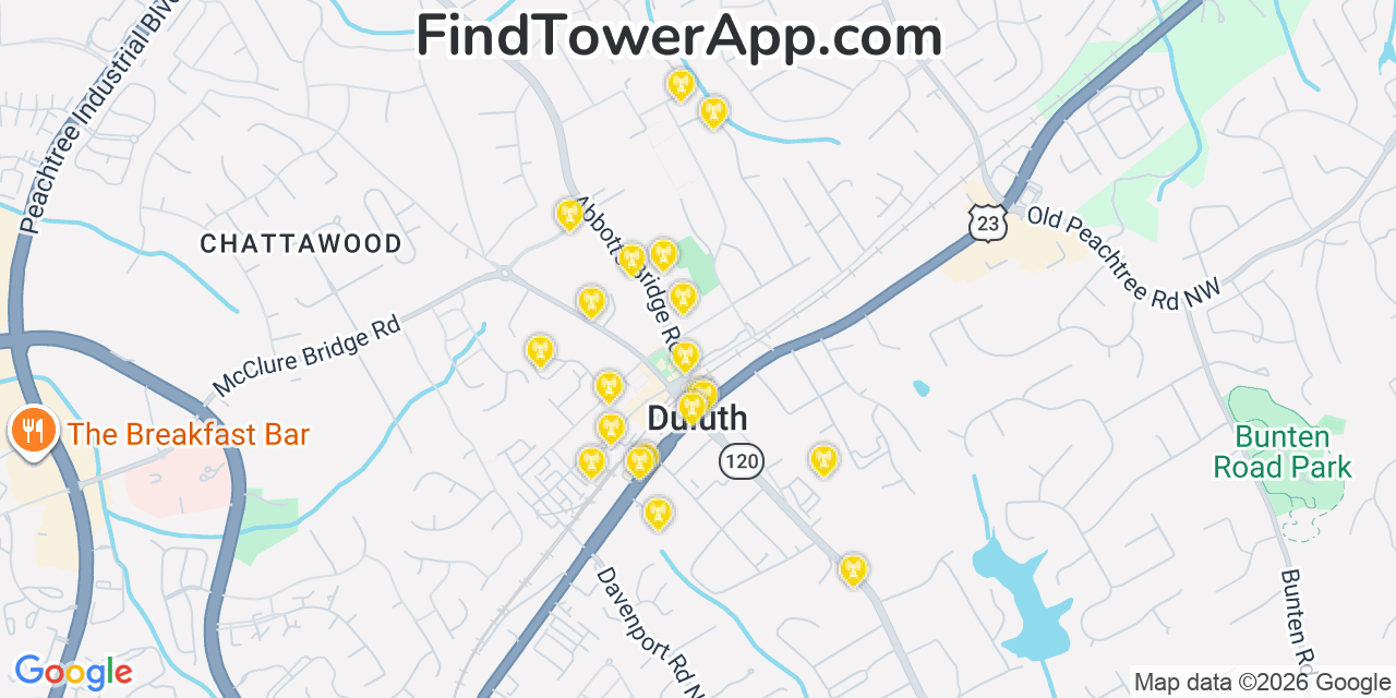 Map showing the 20 primary cell tower locations detected in Duluth, Georgia from AT&T, Verizon, and T-Mobile networks
