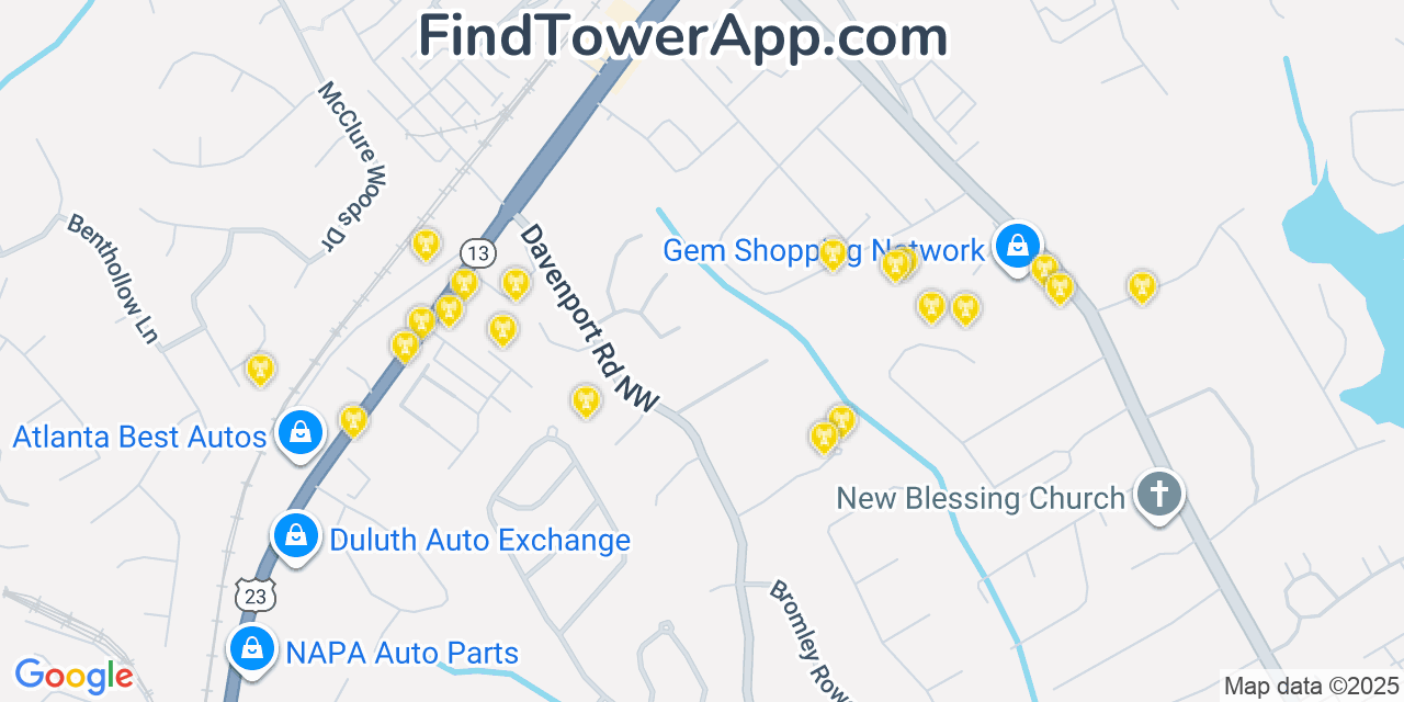Map showing the 20 primary Mobitel cell tower locations detected in Duluth, Georgia with coverage radius and signal strength indicators