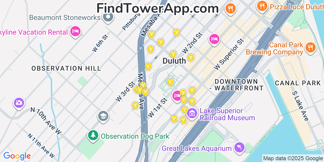 Map showing the 20 primary cell tower locations detected in Duluth, Minnesota from AT&T, Verizon, and T-Mobile networks