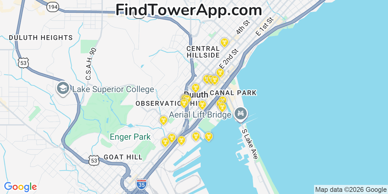 Map showing the 20 primary cell tower locations detected in Duluth, Minnesota from AT&T, Verizon, and T-Mobile networks