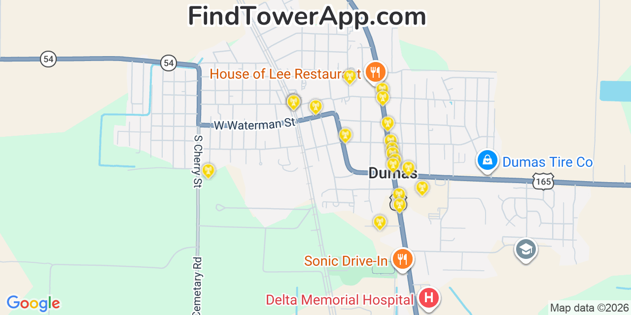 Map showing the 20 primary cell tower locations detected in Dumas, Arkansas from AT&T, Verizon, and T-Mobile networks