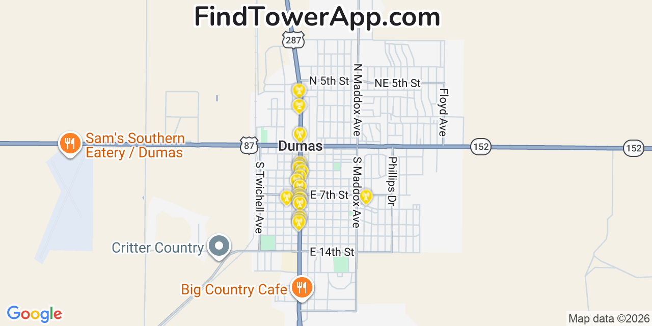 Map showing the 20 primary cell tower locations detected in Dumas, Texas from AT&T, Verizon, and T-Mobile networks