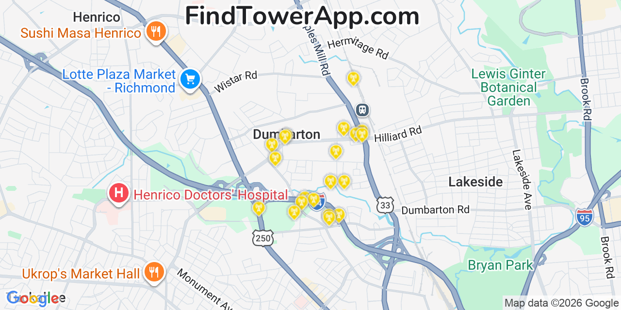 Map showing the 20 primary cell tower locations detected in Dumbarton, Virginia from AT&T, Verizon, and T-Mobile networks