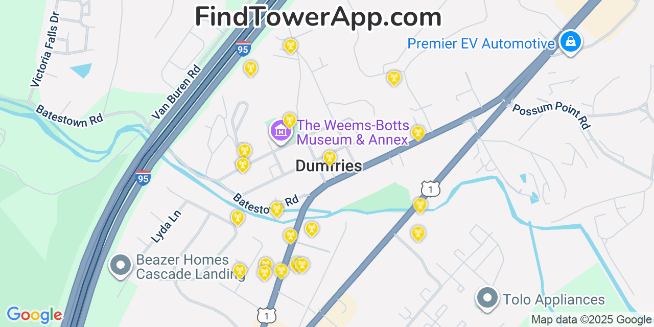 Map showing the 20 primary cell tower locations detected in Dumfries, Virginia from AT&T, Verizon, and T-Mobile networks