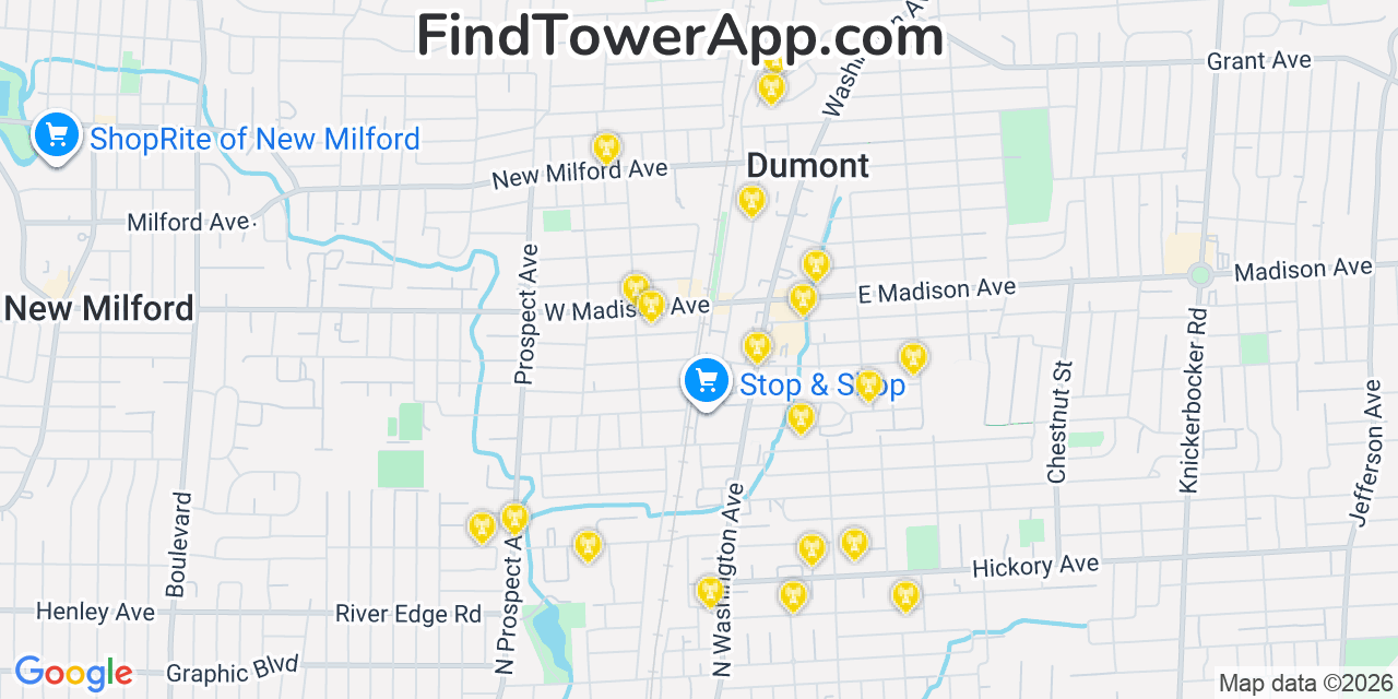 Map showing the 20 primary cell tower locations detected in Dumont, New Jersey from AT&T, Verizon, and T-Mobile networks