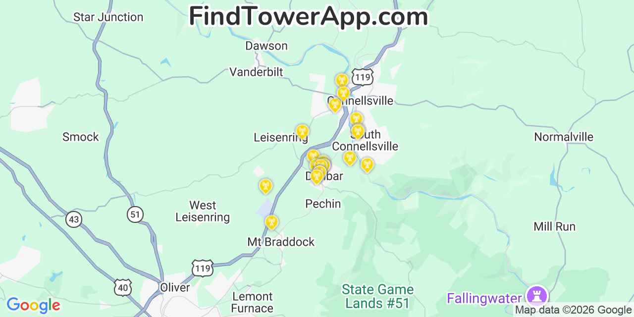 Map showing the 20 primary cell tower locations detected in Dunbar, Pennsylvania from AT&T, Verizon, and T-Mobile networks