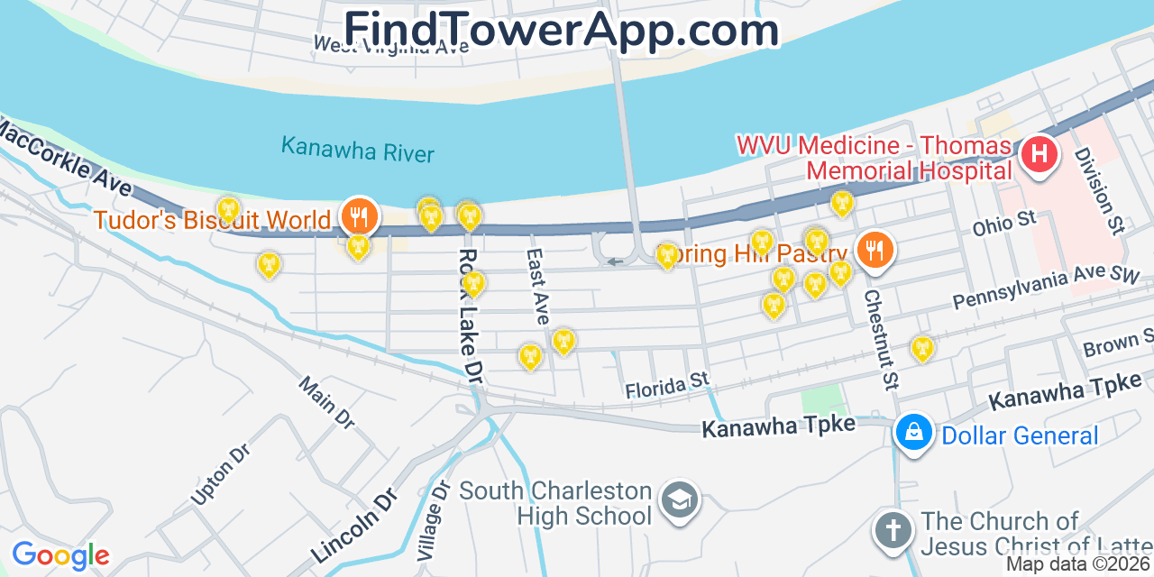 Map showing the 20 primary cell tower locations detected in Dunbar, West Virginia from AT&T, Verizon, and T-Mobile networks