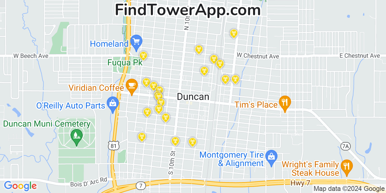 AT&T 4G/5G cell tower coverage map Duncan, Oklahoma