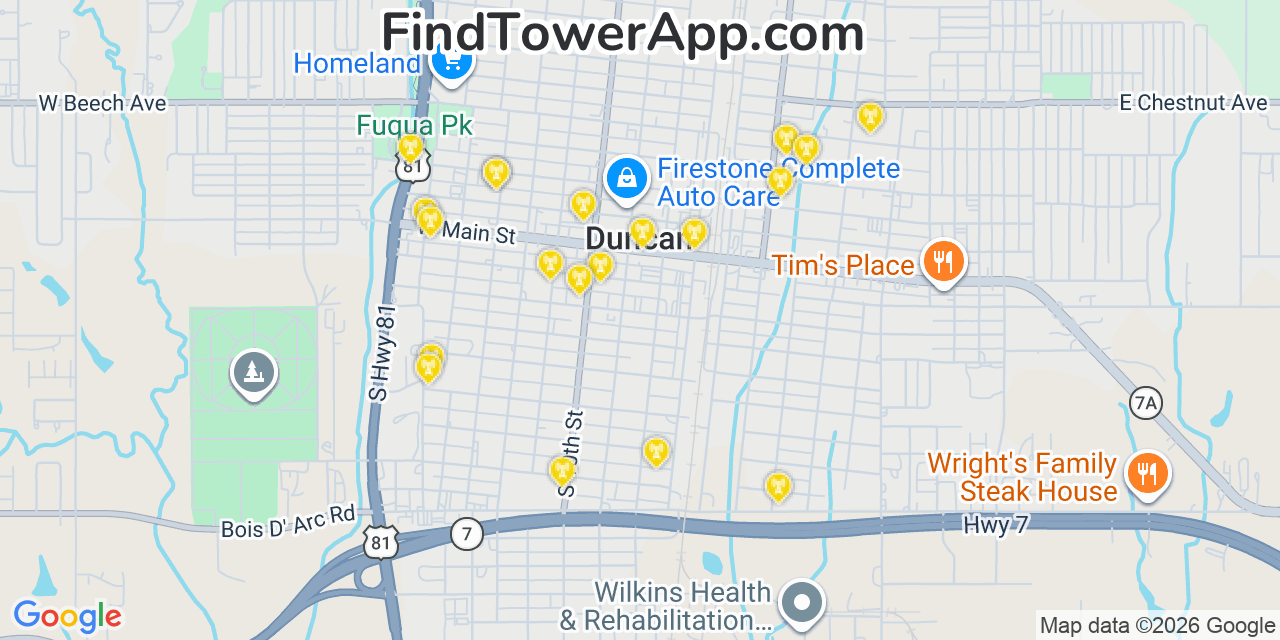 Map showing the 20 primary cell tower locations detected in Duncan, Oklahoma from AT&T, Verizon, and T-Mobile networks