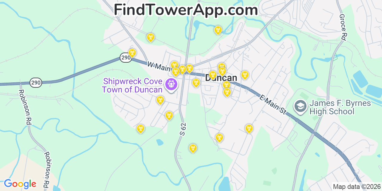 Map showing the 20 primary cell tower locations detected in Duncan, South Carolina from AT&T, Verizon, and T-Mobile networks