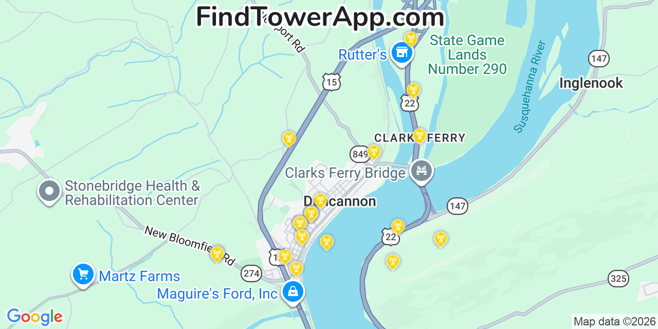Map showing the 20 primary cell tower locations detected in Duncannon, Pennsylvania from AT&T, Verizon, and T-Mobile networks