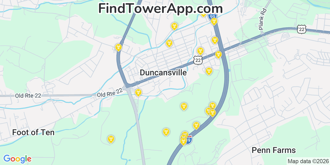 Map showing the 20 primary cell tower locations detected in Duncansville, Pennsylvania from AT&T, Verizon, and T-Mobile networks