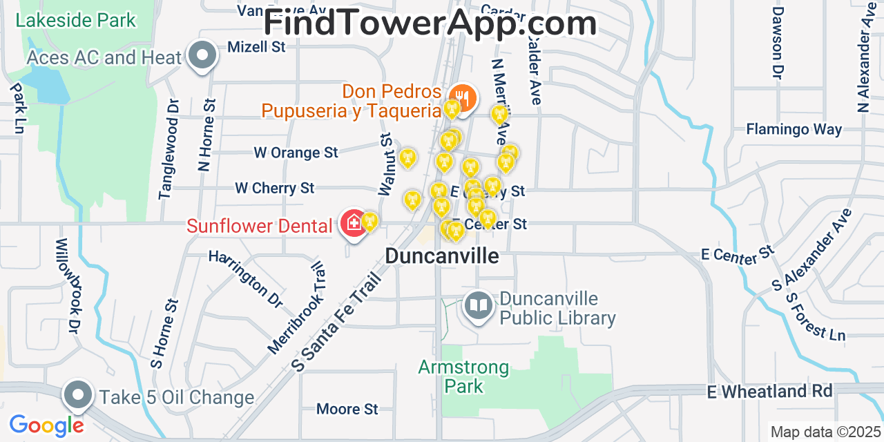 Map showing the 20 primary cell tower locations detected in Duncanville, Texas from AT&T, Verizon, and T-Mobile networks