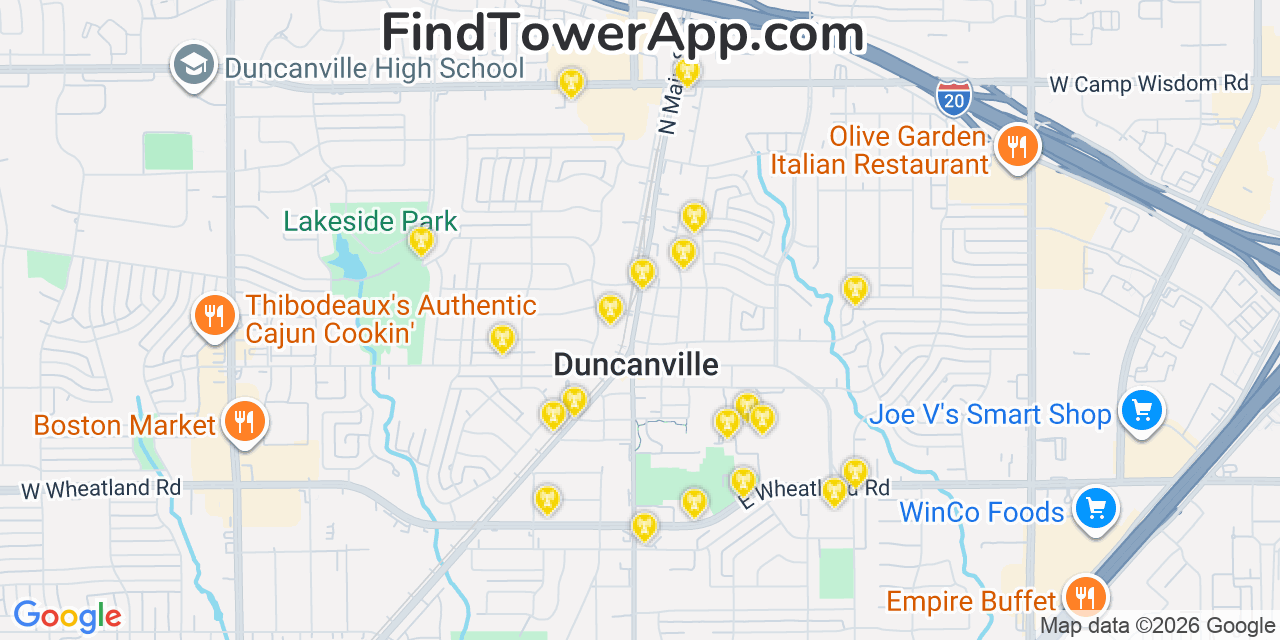 Map showing the 20 primary cell tower locations detected in Duncanville, Texas from AT&T, Verizon, and T-Mobile networks