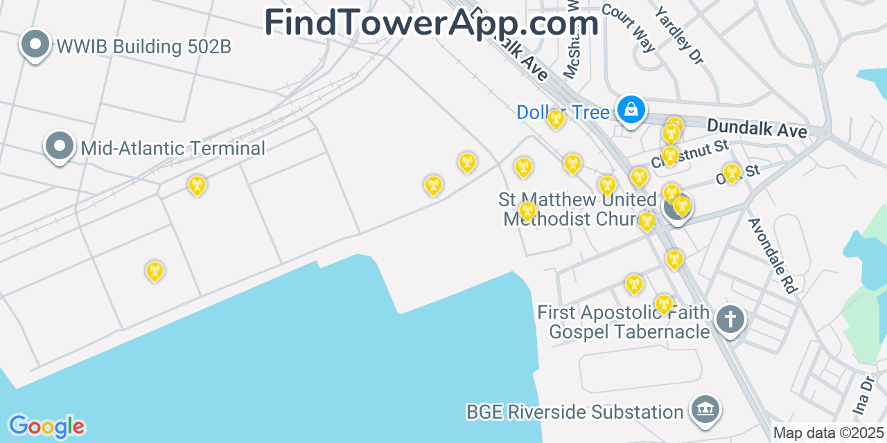 Map showing the 20 primary cell tower locations detected in Dundalk, Maryland from AT&T, Verizon, and T-Mobile networks