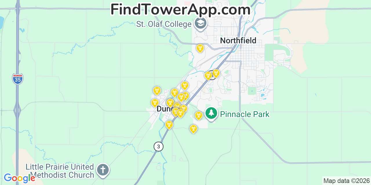 Map showing the 20 primary cell tower locations detected in Dundas, Minnesota from AT&T, Verizon, and T-Mobile networks